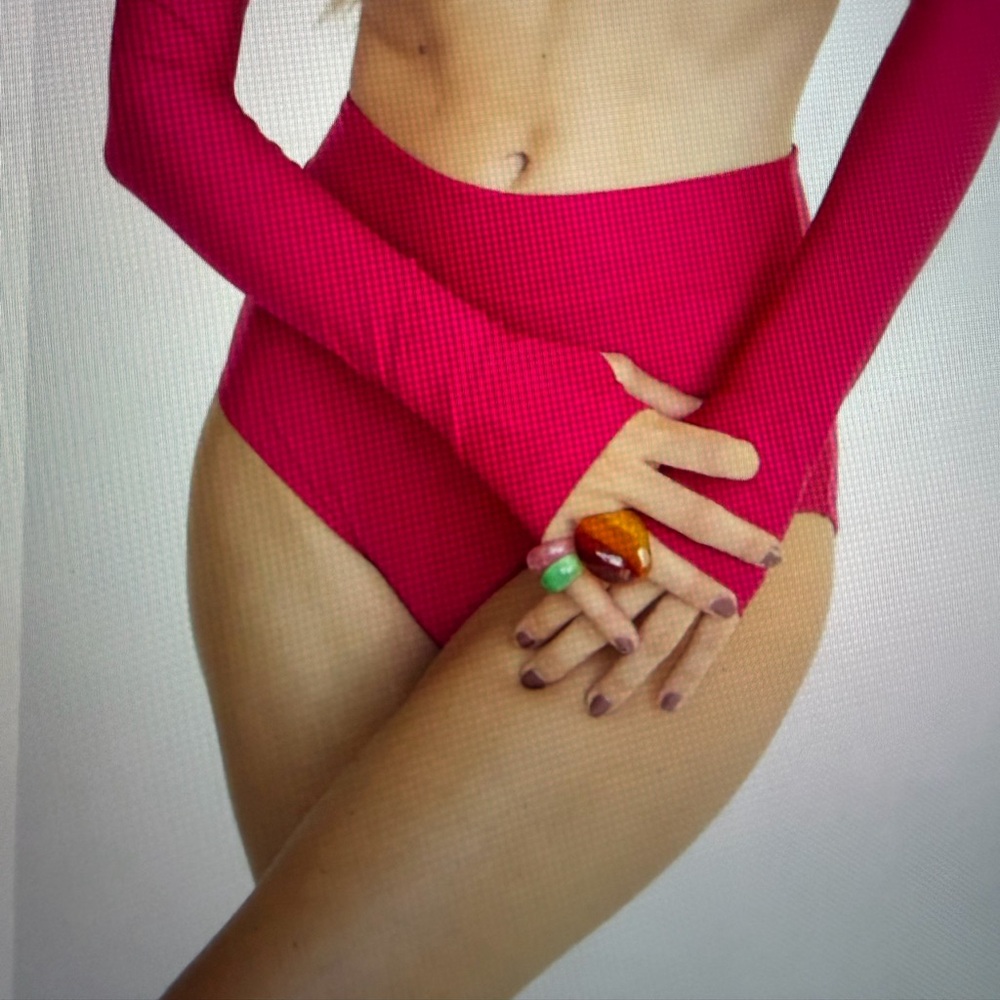 Mott50 by Coolibar High Waist Bikini Bottom in Raspberry Pink. SPF50